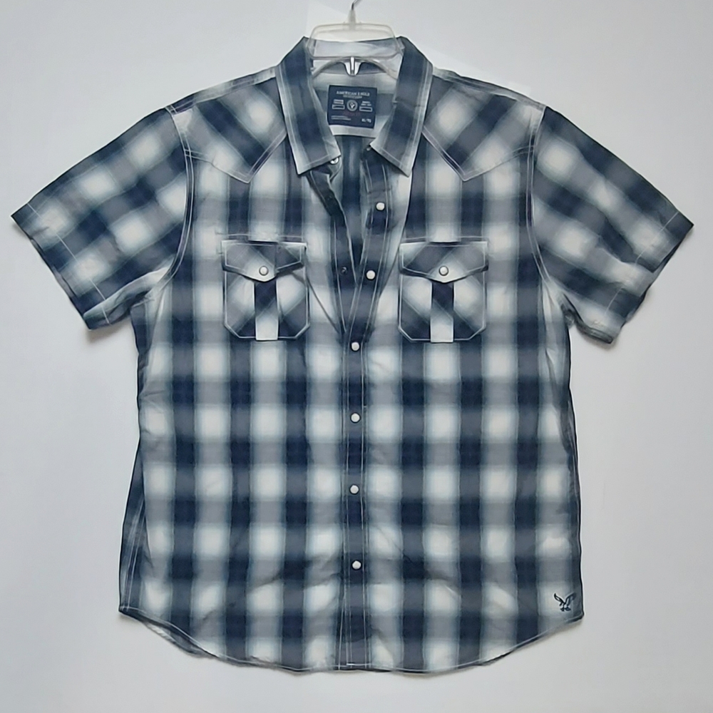 American Eagle Outfitters Men's Short Sleeve Button Down Plaid, XL